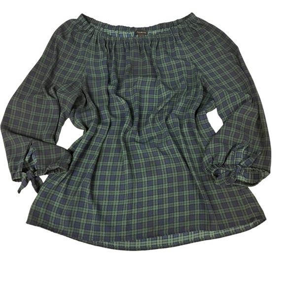 EUC Talbots Elastic Neck 3/4 Sleeve Green Plaid Relaxed Fit Blouse Sz L - Picture 1 of 8